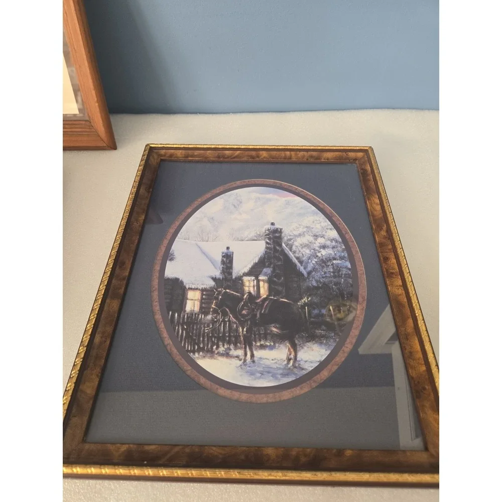 Joe Sambataro Framed Matted Lithograph Horse Winter Cabin Scene 15